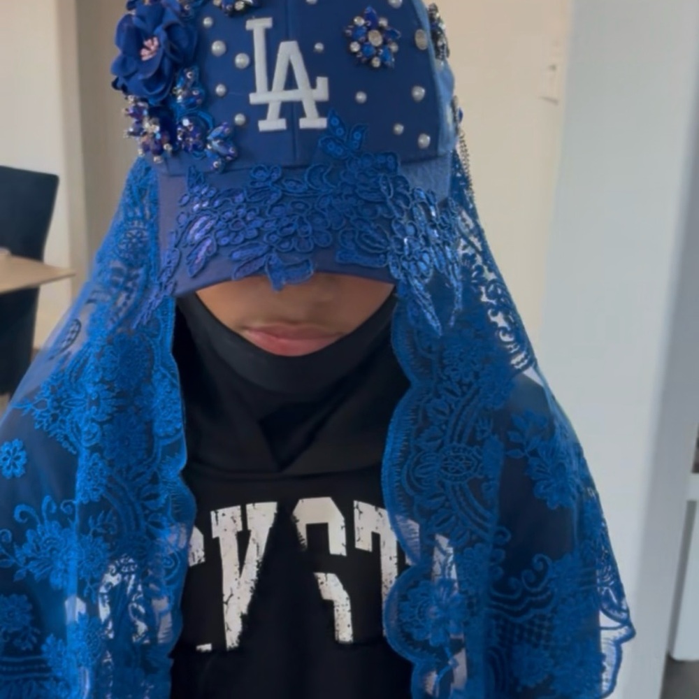 Blue Embellished Cap with Lace